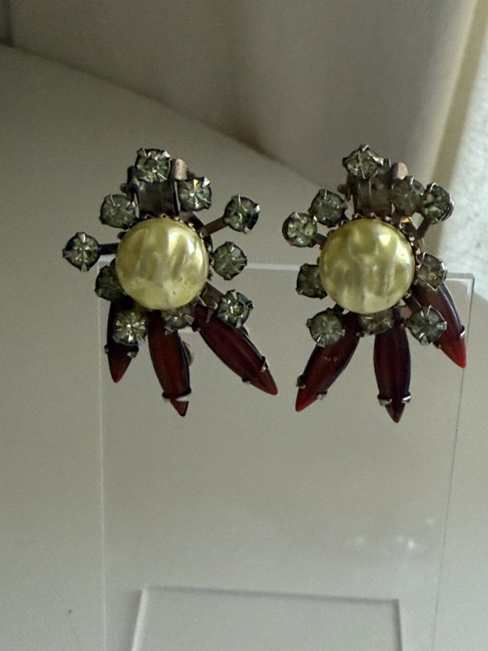 Vintage Cathe Clip On Earrings Dark Coral Colored Marquise and Faux Pearls